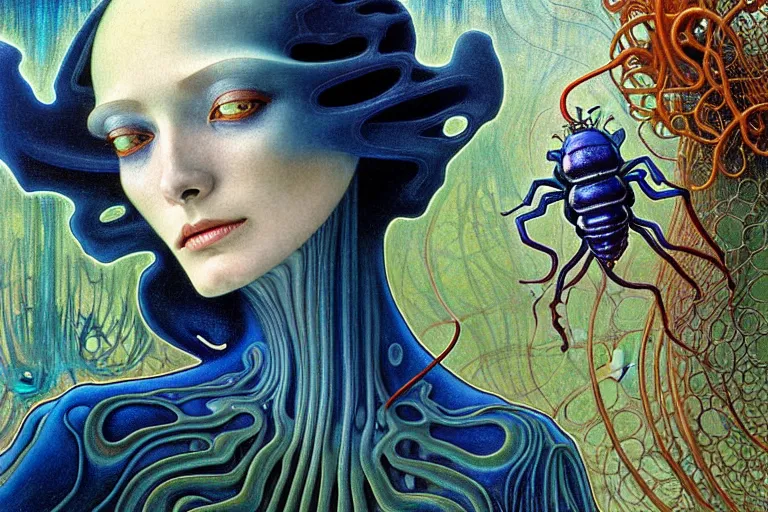 Prompt: realistic extremely detailed portrait closeup painting of a ghost woman with a beetle, futuristic sci-fi landscape on background by Jean Delville, Amano, Yves Tanguy, Alphonse Mucha, Ernst Haeckel, Edward Robert Hughes, Roger Dean, rich moody colours, blue eyes