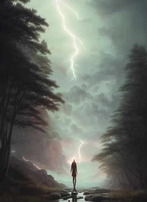 Prompt: clair arron with long hair walking in the mountains evening lightning storm, by tom bagshaw and ilya kuvshinov, rtx rendering, octane render 1 2 8 k, maya, extreme high intricate details by wlop, digital anime art by ross tran, medium shot, composition by sana takeda, dramatic lighting by greg rutkowski