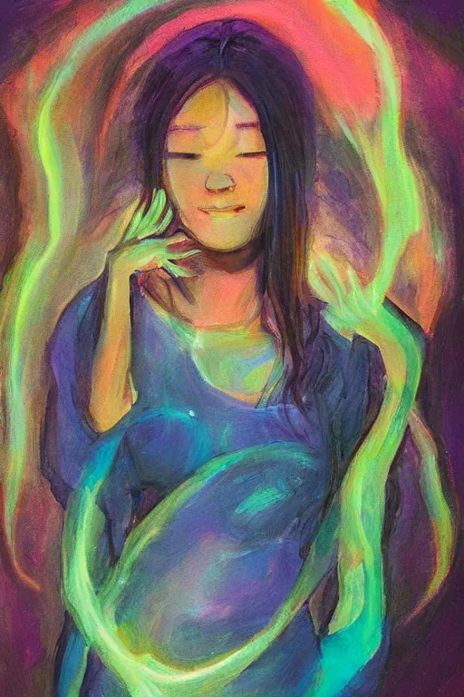 Prompt: woman with diffused glowing aura, art by janice sung