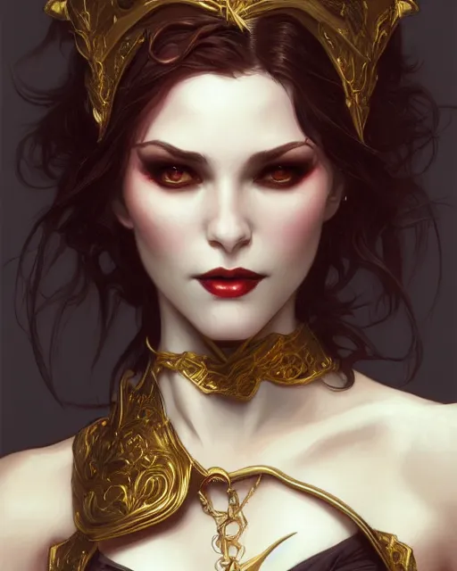 Image similar to female vampire, perfect face, gold corset, cinematic, stunning, highly detailed, digital painting, artstation, smooth, hard focus, illustration, art by artgerm and greg rutkowski and alphonse mucha