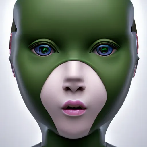 Image similar to 3 d render portrait of a female porcelain robot, symmetrical, mid thirties, cute round green slanted eyes, porcelain skin, wide nostrils, chubby cheeks, high flat eyebrows, ethereal essence, angelic, tiny mouth, leica 1 0 0 mm f 0. 8