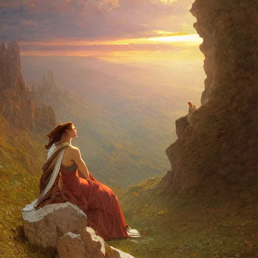 Image similar to an ultradetailed matte landscape painting of mountain sized sculpture of a beautiful and elegant woman, sunrise on the horizon in the background, stone hand raised up, 8 k, art by greg rutkowski and alphonse mucha and andreas rocha and albert bierstadt