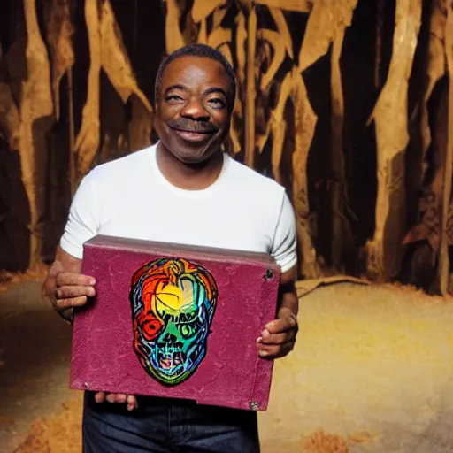 Prompt: LeVar Burton holding the Necronomicon from the Evil Dead for a very special episode of Reading Rainbow, 4k, 8k, photorealistic