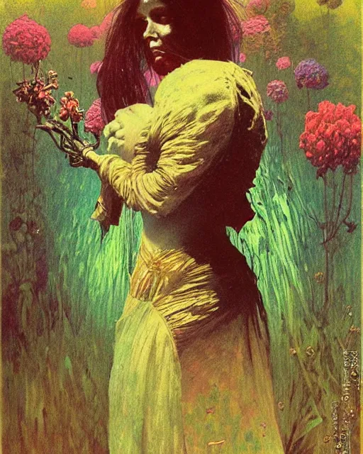 Prompt: flowerpunk portrait of a fierce old matriarch by paul lehr, beksinski, alphonse mucha