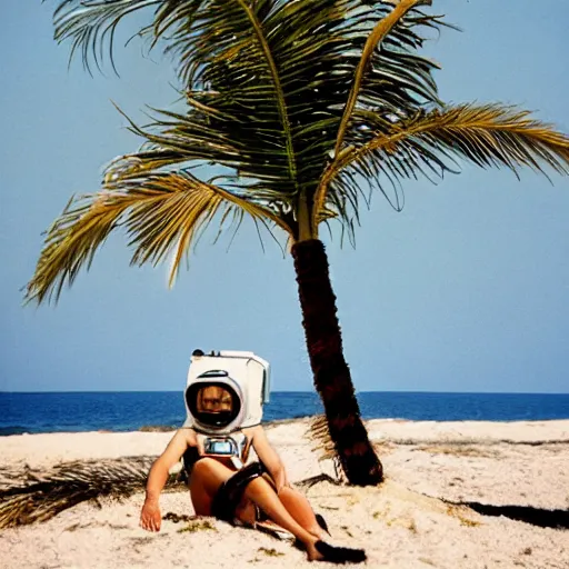 Prompt: a beautiful photo of an astronaut on the beach under a palm tree, summer sun, 1 9 7 0, soft light, morning light, photorealistic, realistic, octane, 8 k, cinematic shot