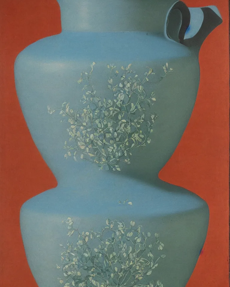 Prompt: achingly beautiful print of intricately painted ancient greek amphora on baby blue background by rene magritte, monet, and picasso.