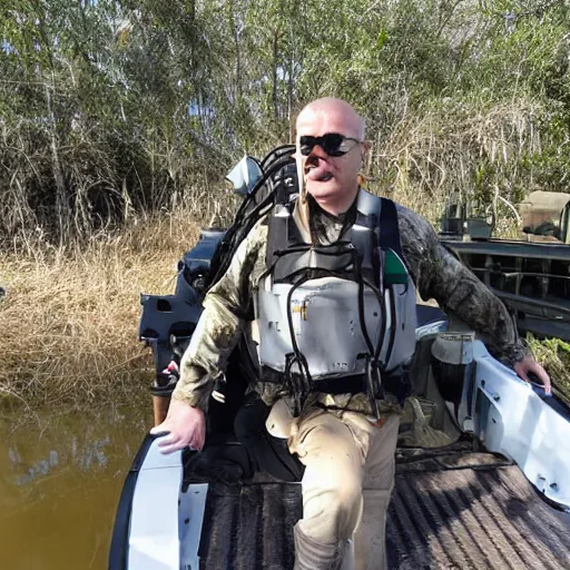 Prompt: aboard an airboat, he fights off numerous civil protection units and a hunter chopper.