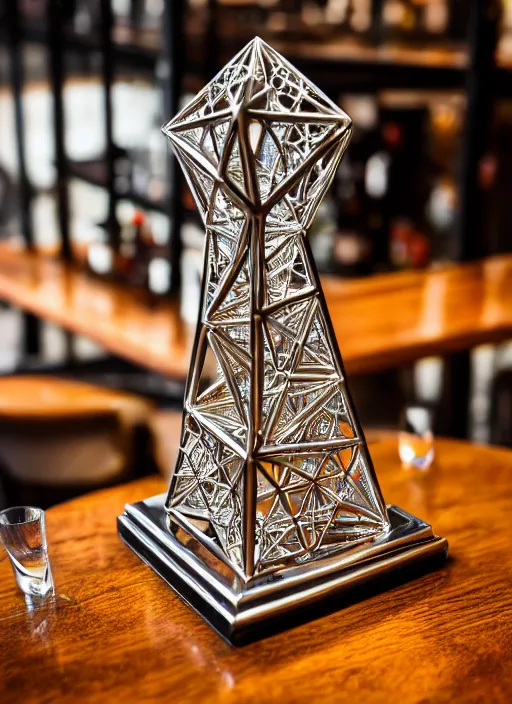 Image similar to a tall reflective very symmetrical biomechanical polyhedral 3 d printed steel ornate, intricate, engineering trophy at a high end bar in golden afternoon light, professional food photography