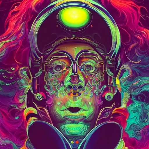 Image similar to An extremely psychedelic experience, colorful, surreal, dramatic lighting, cosmonaut, LSD, face, detailed, intricate, elegant, highly detailed, digital painting, artstation, concept art, smooth, sharp focus, illustration, art by Sam Spratt, Dan Mumford, Artem Demura and Alphonse Mucha