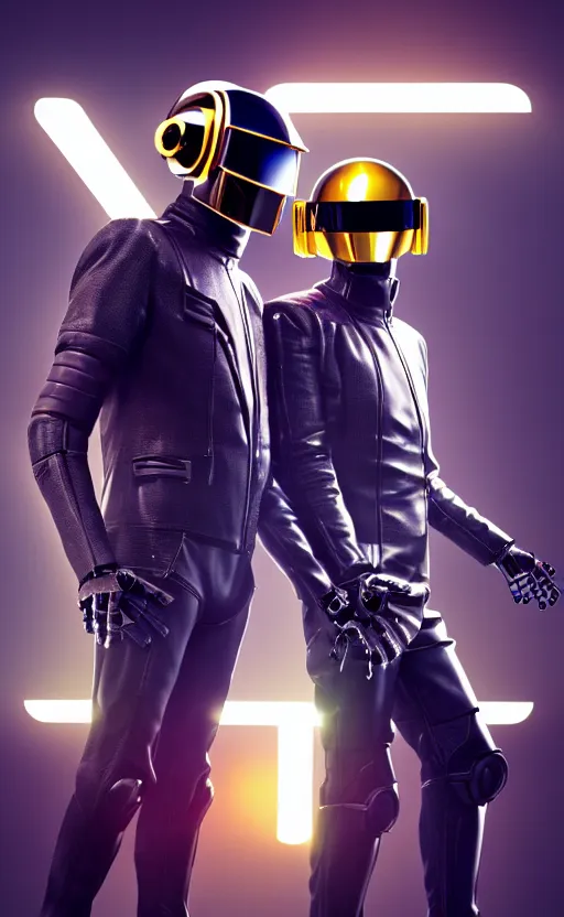 Image similar to portrait of 2 Daft Punk Robots, Cyberpunk 2077, looking at camera, intricate, dystopian, sci-fi, extremely detailed, digital rendering, octane render, artstation, concept art, smooth, sharp focus, intimidating lighting, chrome reflexions, incredible art