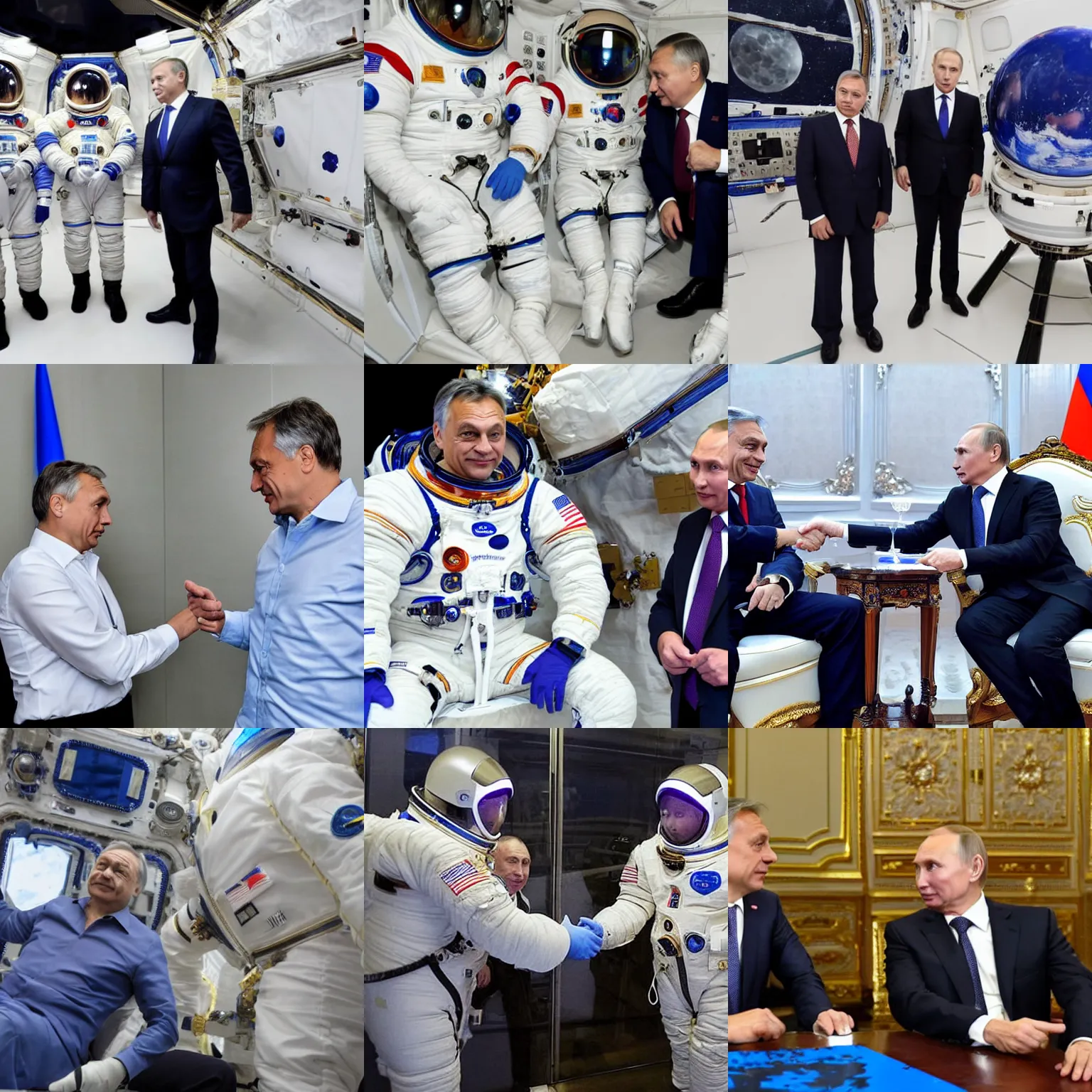 Prompt: hungarian prime minister Viktor Orban meeting with Vladimir Putin on the moon in space weightlessness microgravity