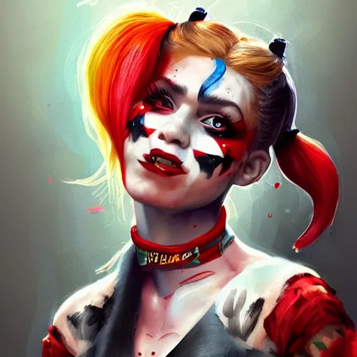 Image similar to Portrait of Harley Quinn but she's a beautiful ape kid with long pony tails on either side of her head, mayhem, illustration, by James Jean, artgerm, octane render, by John Coltrane and Marc Simonetti, Manic, inspired by Greg rutkowski, colorful, high detail of the face, full body