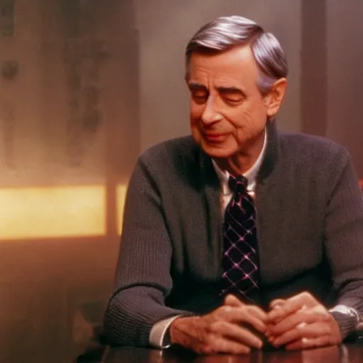 Prompt: still image from blade runner of mister rogers