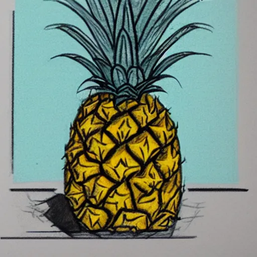 Prompt: a sketch of a pineapple sitting on a porch, sad, shadows,