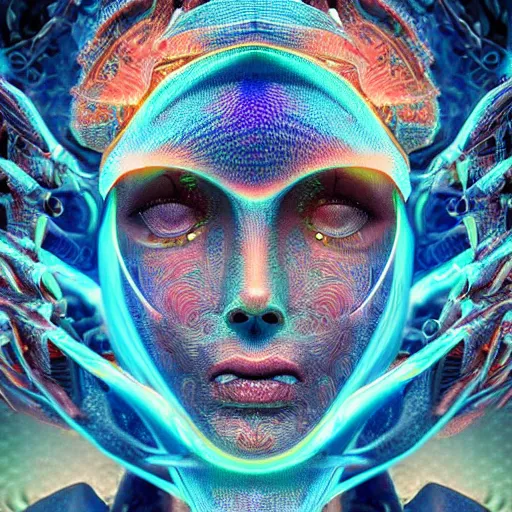 Image similar to Face of an Alien Deity, centered, corals, plume made of geometry, extremely detailed digital painting, sharp focus in the style of android jones, artwork of a futuristic artificial intelligence superstar with frames made of detailed circuitry , mystical colors, rim light, beautiful lighting, 8k, stunning scene, raytracing, octane, under water visual distortion, dark tones colors, trending on artstation