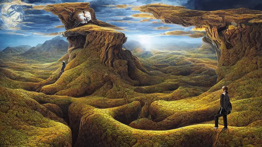 Image similar to surreal landscape with anthropomorphic!! terrain!!! in the styles of igor morski, jim warren, and rob gonsalves, intricate, hyperrealistic, volumetric lighting, serene, imaginative