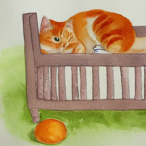 Image similar to A little baby and orange tabby cat cuddling asleep in a crib, watercolor painting.