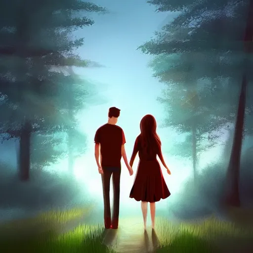 Prompt: A beautiful girl and her boyfriend walk into the sunset, holding hands, forest, digital art, artstation