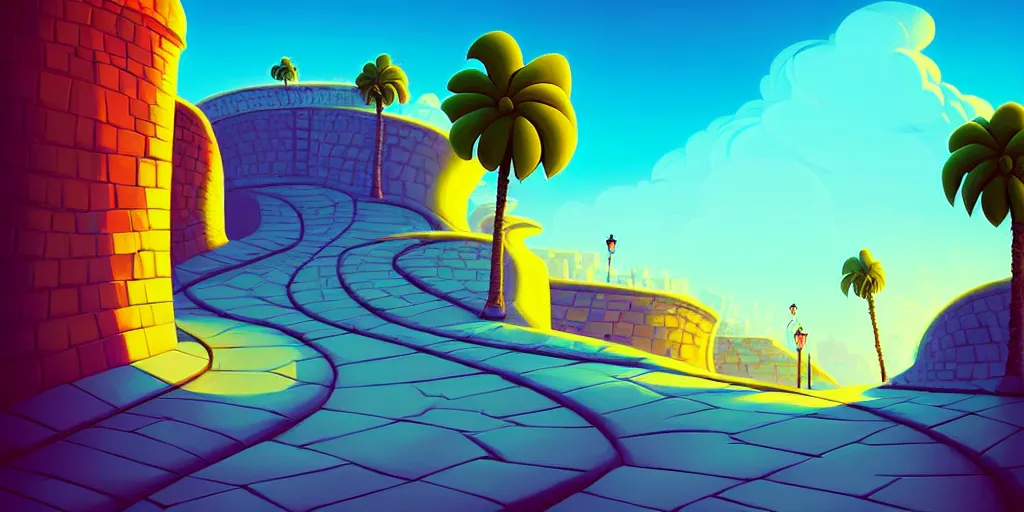 Prompt: curled perspective digital art of curvy clouds cobblestone street to a casino in top of a hill with palmtrees by anton fadeev from nightmare before christmas