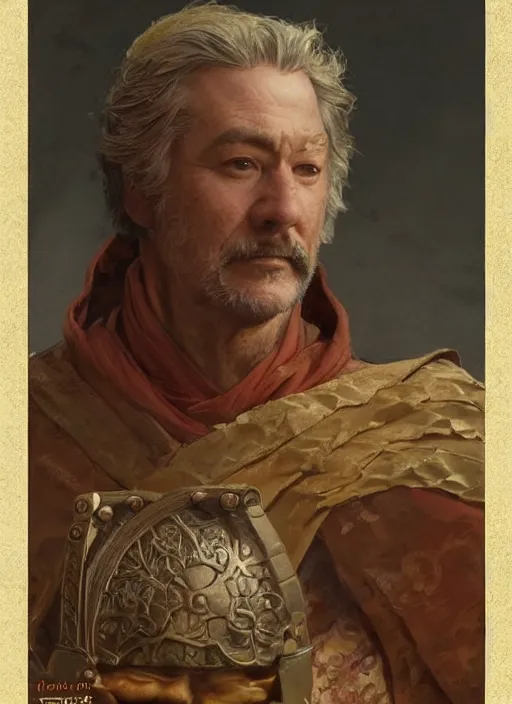 Image similar to portrait of provencal le gaulois in kaamelott played by frank pitiot, highly detailed, 3 5 mm photo, artstation, concept art, sharp focus, 2 8 mm macro photo, art by artgerm and greg rutkowski and alphonse mucha, award winning art, royal