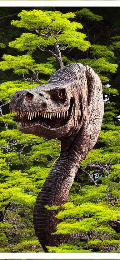 Image similar to “ a portrait photo of tyrannosaurus at a sakura tree, side shot, by shunji dodo, 8 k resolution, high quality ”