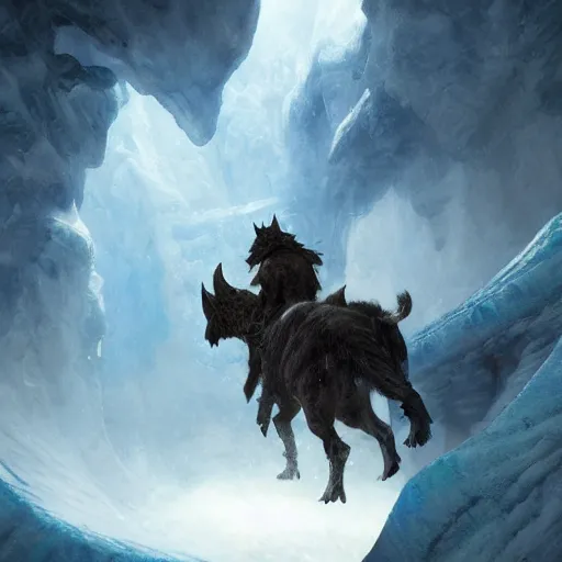 Image similar to riding the warcat into the translucent ice caves. melancholy undertones, high fantasy art official contest submission greg rutkowski 3 8 4 0