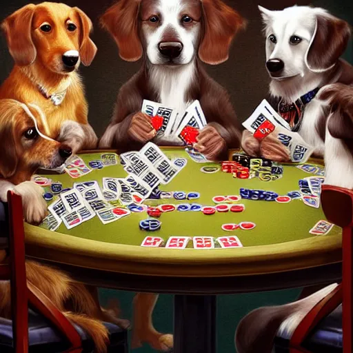 Image similar to dogs playing poker, digital art, artstation, high details