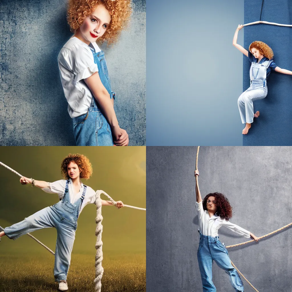 Prompt: A young girl with white, curly hair is balancing on a tight-rope. She is wearing long blue denim overalls and a white shirt. highly detailed, ultra high detail, 8k wallpaper, 4k wallpaper, award winning photography