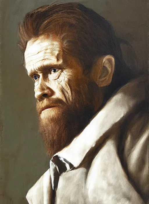 Image similar to portrait painting of willem dafoe with short beard, renaissance oil painting, studious chiaroscuro