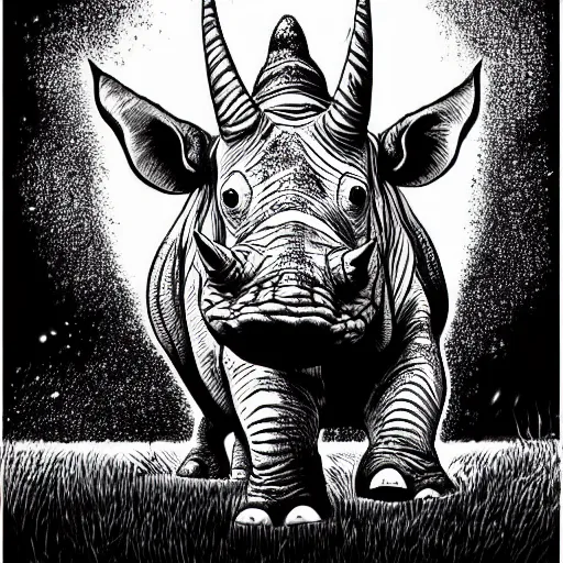 Image similar to black and white trippy comic art of a rhino, lots of particles, drawn by Martin Rowson, Tim Burton, Studio Ghibli, Alex Pardee, Nekro Petros Afshar, James McDermott, cgsociety 4K