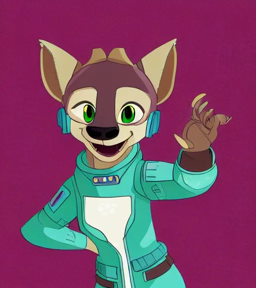 Image similar to digital detailed full body of anthromorphic female hyena, in style of zootopia, zootopia, zootopia, fursona, furry, furaffinity, 4 k, deviantart, wearing astronaut outfit, in style of zootopia, floating in space, space background, in deep space, dark background, hyena fursona, cyberpunk, female, stylized face,