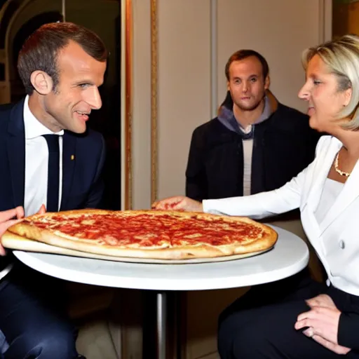 Prompt: macron eating a pizza with marine lepen