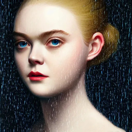 Prompt: Elle Fanning in the style of Paola Vetri, head and shoulders portrait, stormy weather, extremely detailed masterpiece, oil on canvas, low-key neon lighting, artstation, Blade Runner 2049, Roger Deakin’s cinematography, by J. C. Leyendecker and Peter Paul Rubens and Edward Hopper and Michael Sowa,