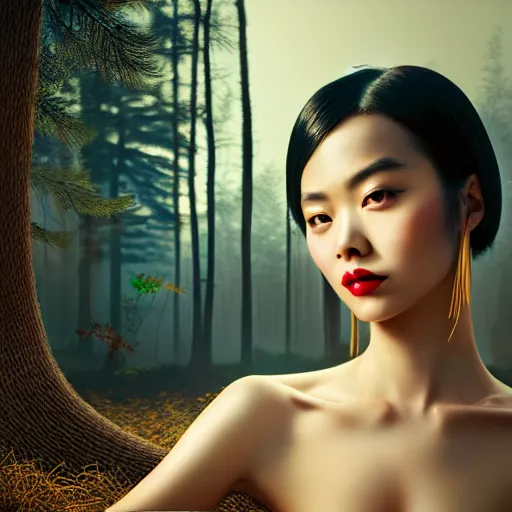 Image similar to innovative avant - garde art, deco fashion, asian women, highly detailed, photorealistic portrait, serene forest setting, golden hour, crisp quality and light reflections, octane render
