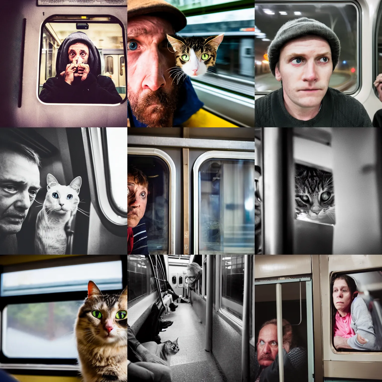 Prompt: a very confused man with the eyes of the confused and scared cat riding a train for the first time, 8 5 mm photo