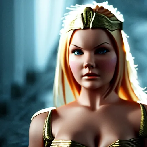 Prompt: cinematic scene with elisha cuthbert as the goddess of war, dramatic, small details, volumetric lighting