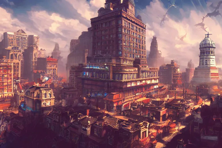 Prompt: beautiful city in the style of a bioshock infinite screenshot, concept art, artstation, deviantart, behance, highly detailed