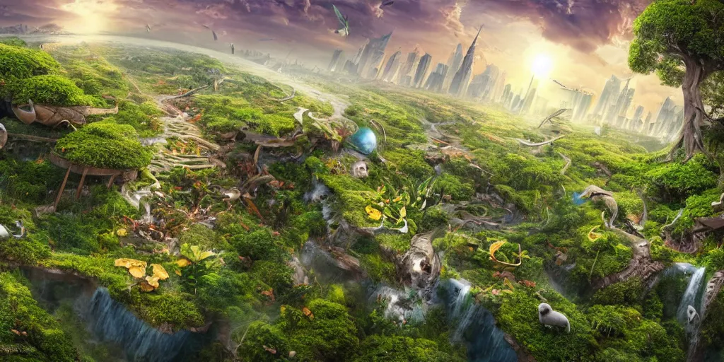 Prompt: earth reviving after human extinction, a new beginning, nature taking over buildings, animal kingdom, harmony, peace, earth balanced, wide angle, super highly detailed, professional digital painting, artstation, concept art, smooth, sharp focus, no blur, no dof, extreme illustration, Unreal Engine 5, Photorealism, HD quality, 8k resolution, cinema 4d, 3D, beautiful, cinematic, art by artgerm and greg rutkowski and alphonse mucha and loish and WLOP