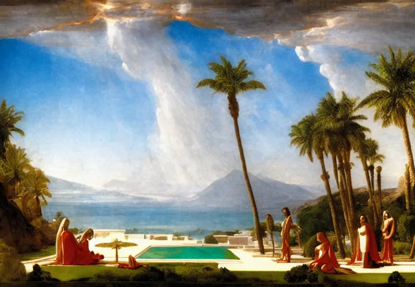 Prompt: The highest palace ever made, thunderstorm, greek pool, beach and palm trees on the background major arcana sky, by paul delaroche, hyperrealistic 4k uhd, award-winning very detailed