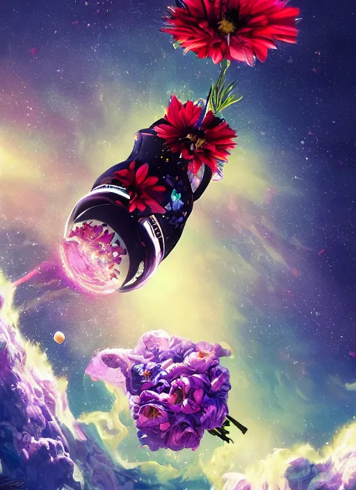 Image similar to An epic fantastic realism comic book style painting of the most beautiful flowers launched into space, bouquets, everything being pulled into a black hole, floral meteor, fisheye, unreal 5, DAZ, hyperrealistic, octane render, dynamic lighting