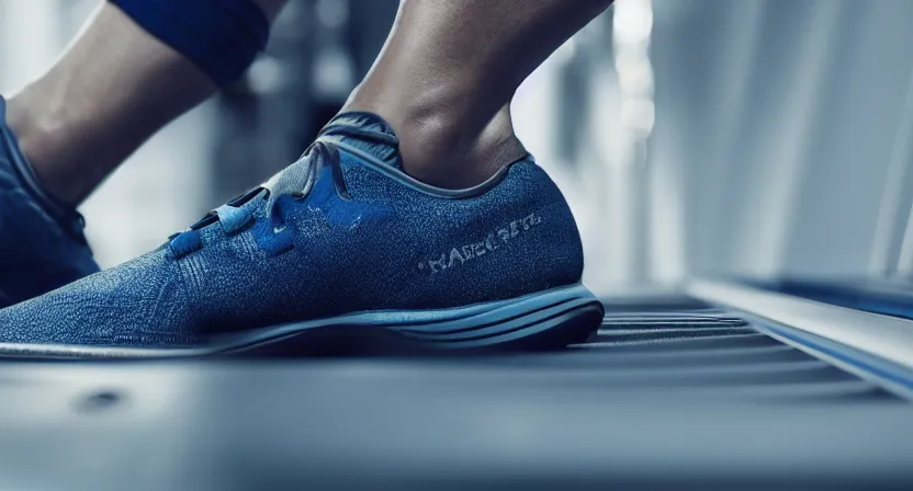 Prompt: close up on worn out running shoes running on a treadmill. cinematic lighting. dark. moody. octane render. blue grey tones.