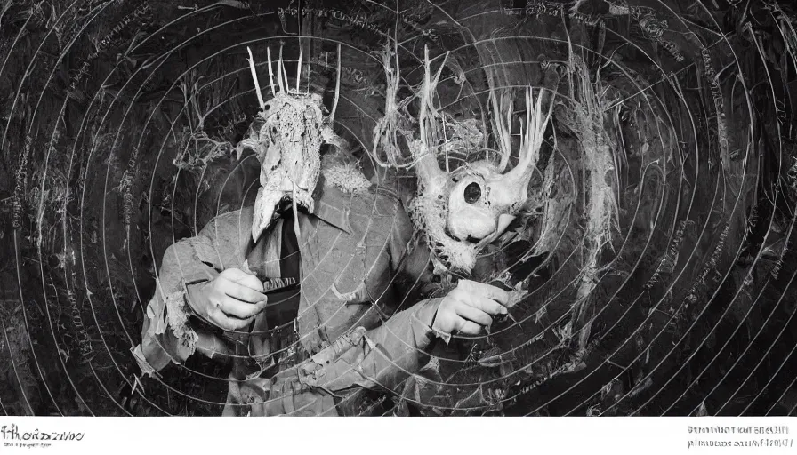 Image similar to high realistic photo portrait of a man with a taxidermic meat mask and elaborate jewel in a liminal space style tunnel, early black and white 8mm, heavy grain, high quality,