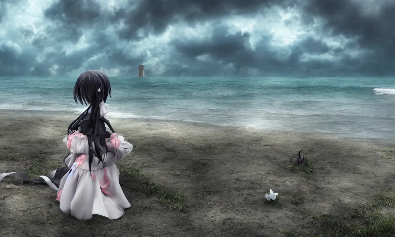 Prompt: cute fumo plush girl enigmatic gothic maiden anime girl on an abandoned island surrounded by the sea, marine beach seascape, storm clouds in the distance, vignette, vray