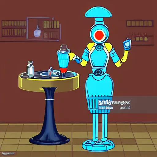 Image similar to retrofuturistic, futuristic style, robot maid serving a drink