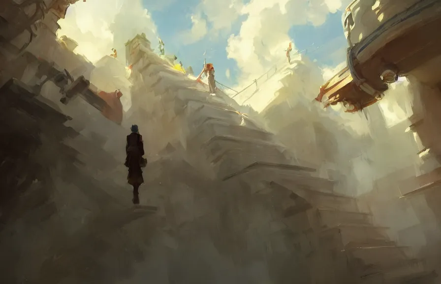 Image similar to greg manchess concept art of a the cloud stairs dimension, key visual, ambient lighting, highly detailed, digital painting, artstation, concept art, sharp focus, by makoto shinkai and akihiko yoshida and hidari and wlop and greg rutkowski