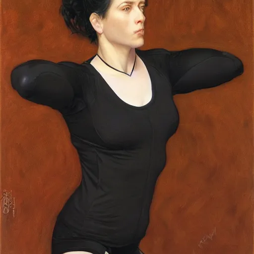 Image similar to athletic woman with black hair, dressed all in black, by donato giancola, alex ross, and berthold woltze.