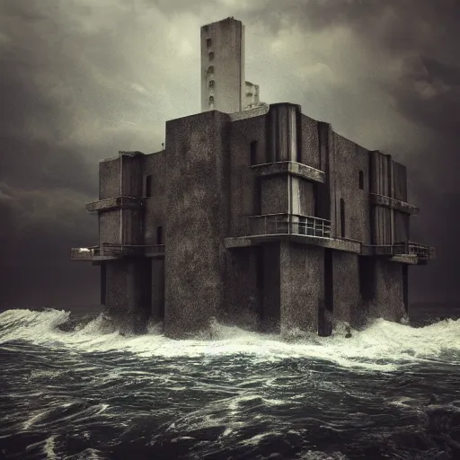 Prompt: brutalist fortress in the ocean, storm, highly realistic, octane render, ominous vibe, highly detailed, dark