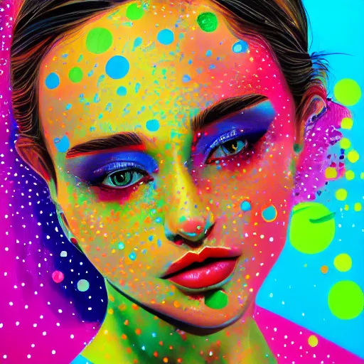 Image similar to beautiful face of girl in style spotty pointism, super bright colors, colored spots, mixed liquid acrylic, painting come to life, artstation, ultradetail