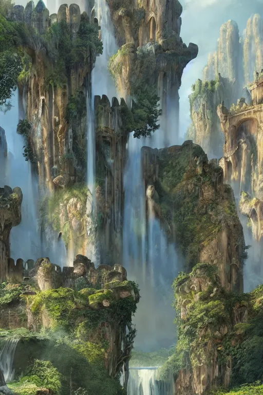 Prompt: a massive castle, arches adorned pillars, towers, archways, gnarly trees, lush vegetation, forrest, a small stream runs beneath the waterfall, landscape, raphael lacoste, eddie mendoza, alex ross, concept art, matte painting, highly detailed, rule of thirds, dynamic lighting, cinematic, detailed, denoised, centerd