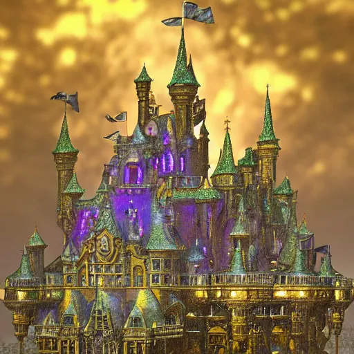 Image similar to a irisdescent bubble flies high in the clouds. a magical mirror castle floats in this bubble, with yellow diamonds on the facade and many filigree turrets, insanely detailed, 8 k, 3 d, splendid